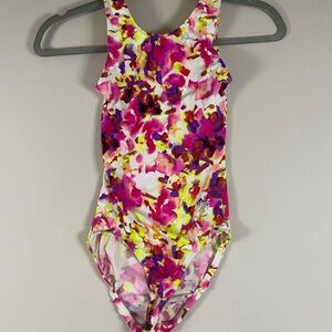 Pink and Yellow One Piece Swimsuit with Floral Design